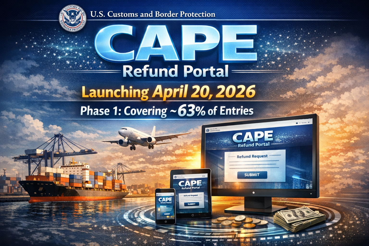 CBP will launch the CAPE Refund Portal on April 20, 2026. Phase 1 covers ~63% of entries.